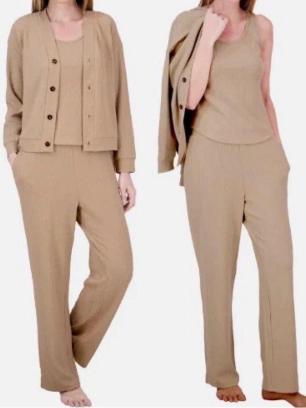 Live 2 Lounge Beige Wide-Leg Knit Pants — Relaxed Cable Textured Fit